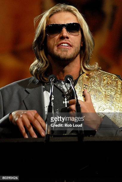 Wrestler Edge speaks at a press conference for WrestleMania XXIV at the Hard Rock Cafe on March 26, 2008 in New York City.