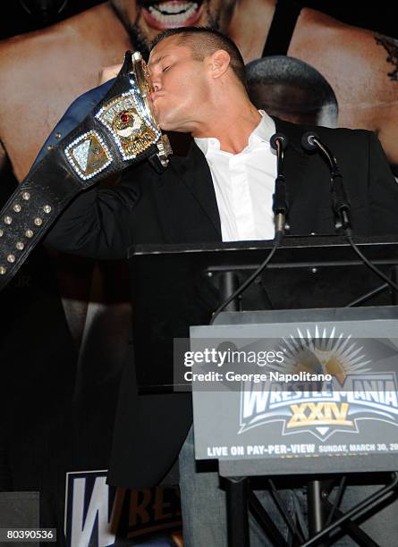 Champion Randy Orton speaks during the Wrestlemania XXIV Press Conference at The Hard Rock Cafe on March 26, 2008 in New York City.