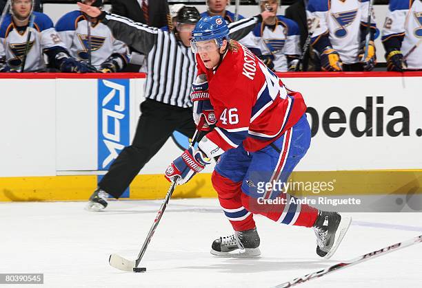 Andrei Kostitsyn of the Montreal Canadiens stickhandles the puck against the St. Louis Blues at the Bell Centre on March 18, 2008 in Montreal,...