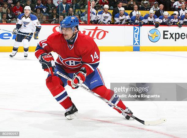 Tomas Plekanec of the Montreal Canadiens skates against the St. Louis Blues at the Bell Centre on March 18, 2008 in Montreal, Quebec, Canada.