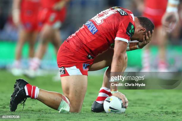 Tyson Frizell of the Dragons after being injured during the round 17 NRL match between the Gold Coast Titans and the St George Illawarra Dragons at...