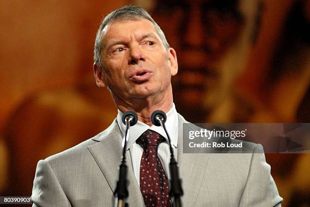 President Vince McMahon speaks at a press conference for WrestleMania XXIV at the Hard Rock Cafe on March 26, 2008 in New York City.
