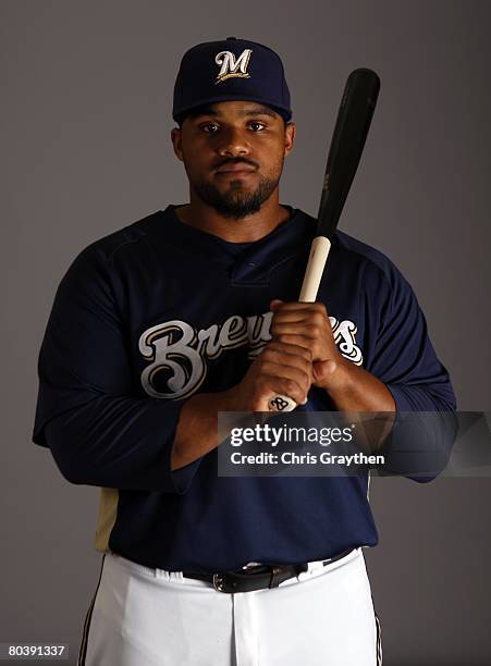 Prince Fielder poses for a photo during the Milwaukee Brewers Spring Training Photo Day at Maryvale Baseball Park on February 26, 2008 in Maryvale,...