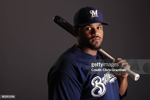 Prince Fielder poses for a photo during the Milwaukee Brewers Spring Training Photo Day at Maryvale Baseball Park on February 26, 2008 in Maryvale,...