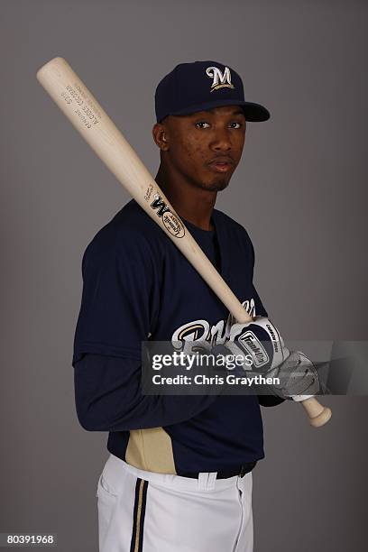 Alcides Escobar poses for a photo during the Milwaukee Brewers Spring Training Photo Day at Maryvale Baseball Park on February 26, 2008 in Maryvale,...