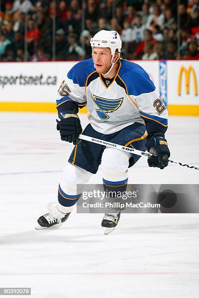 Yan Stastny of the St. Louis Blues skates against the Ottawa Senators on March 20, 2008 at Scotiabank Place in Ottawa, Ontario, Canada. The Senators...