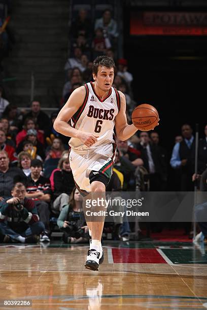 Andrew Bogut of the Milwaukee Bucks carries the ball up court against the Cleveland Cavaliers during the game at the Bradley Center on March 22, 2008...