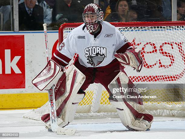 Thomas McCollum of the Guelph Storm waits for a shot in a game against the London Knights on March 21, 2008 at the John Labatt Centre in London,...