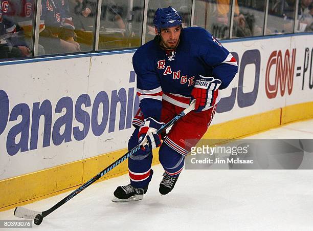 Michal Rozsival of the New York Rangers skates against the San Jose Sharks on February 17, 2008 at Madison Square Garden in New York City. The...