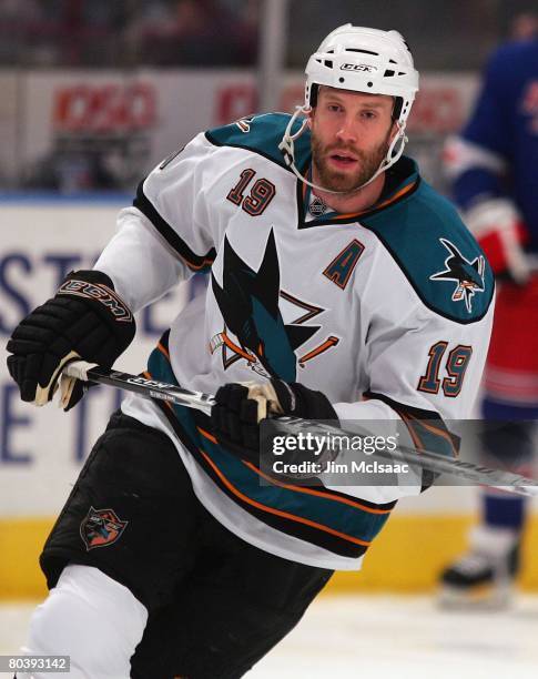 Joe Thornton of the San Jose Sharks skates against the New York Rangers on February 17, 2008 at Madison Square Garden in New York City. The Rangers...