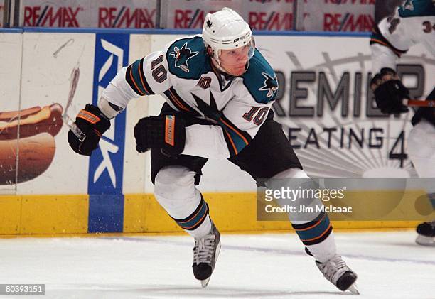 Christian Ehrhoff of the San Jose Sharks skates against the New York Rangers on February 17, 2008 at Madison Square Garden in New York City. The...
