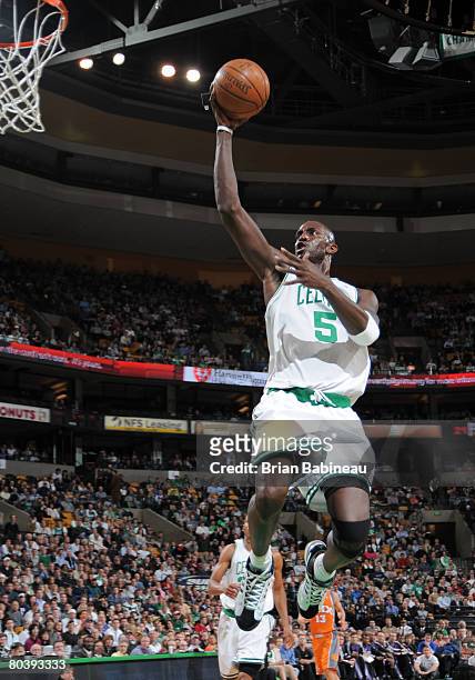Kevin Garnett of the Boston Celtics lays in the basket against the Phoenix Suns on March 26, 2008 at the TD Banknorth Garden in Boston,...