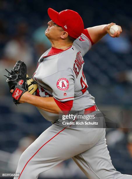 David Hernandez of the Los Angeles Angels of Anaheim in action against the New York Yankees during a game at Yankee Stadium on June 22, 2017 in the...