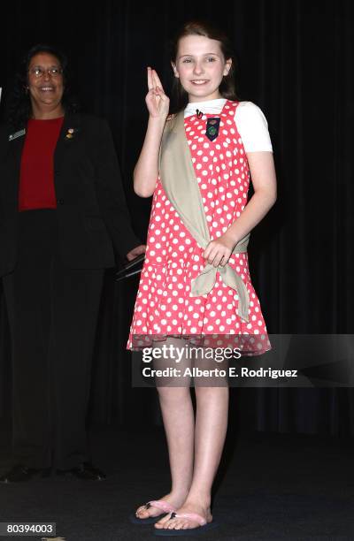 Actress Abigail Breslin attends a ceremony inducting her into the Girl Scouts of the USA held at 20th Century Fox Studios on March 26, 2008 in Los...