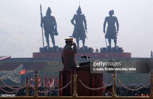 Myanmar's junta chief Than Shwe salutes during the 63rd Armed Forces Day in administrative capital Naypyidaw on March 27, 2008. Than Shwe said that...