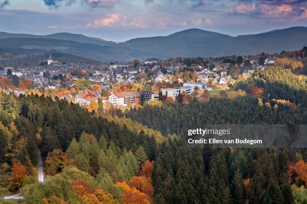 Autumn landscape with elevated view over Winterberg, Germany