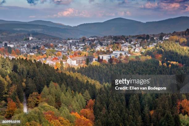 autumn landscape with elevated view over winterberg, germany - winterberg - fotografias e filmes do acervo