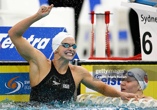 Lisbeth Trickett of Queensland celebrates after breaking the world record in the womens 100 metre freestyle2 final during day six of the 2008...