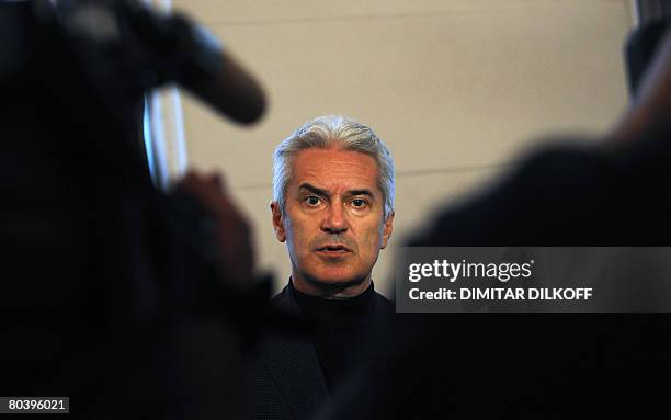 Bulgaria's extreme right and nationalist Ataka party leader Volen Siderov addresses the media in Sofia on March 27, 2008. Ataka members tried to...
