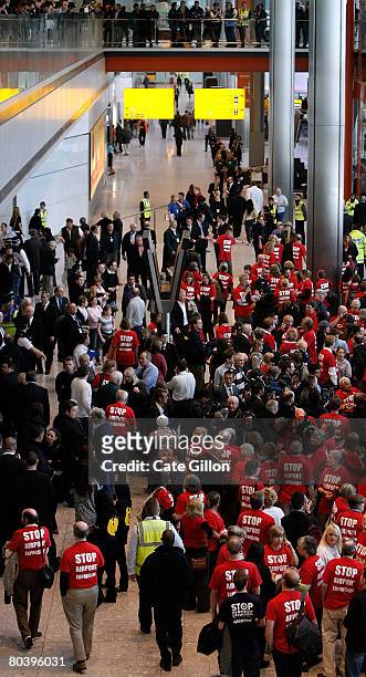 Flash mob protest descends upon Terminal 5 International Arrivals on March 27, 2008 in London, England. Terminal 5 opened to the public for its first...