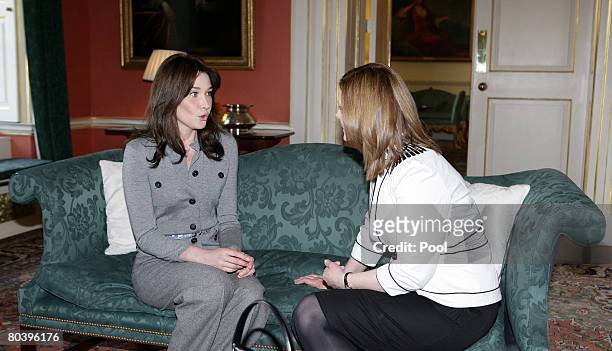 Carla Bruni-Sarkozy chats to Sarah Brown at No 10 Downing St during the French President's official state visit on March 27, 2008 in London, England....