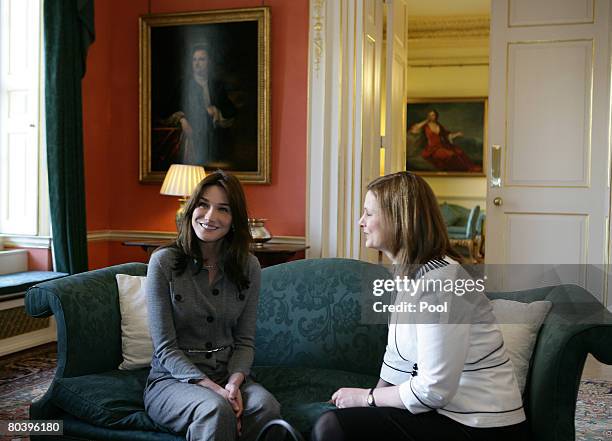 Carla Bruni-Sarkozy chats to Sarah Brown at No 10 Downing St during the French President's official state visit on March 27, 2008 in London, England....