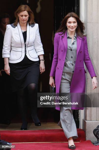 Carla Bruni-Sarkozy departs Downing Street with Sarah Brown on March 27, 2008 in London, England. President Nicolas Sarkozy and wife Carla...