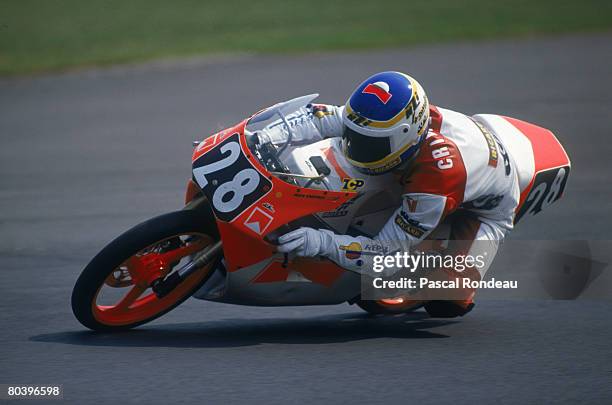 Spanish motorcycle champion Alex Criville in the second 125cc race during the British Grand Prix, 1989.