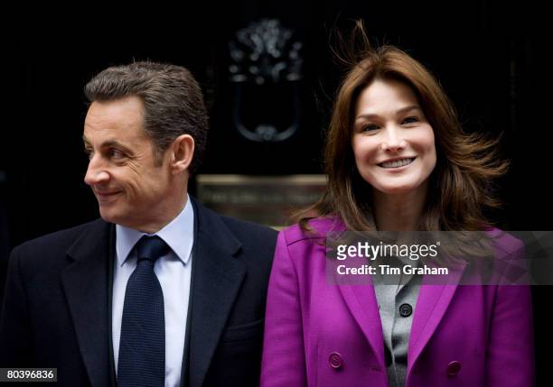 French President Nicolas Sarkozy and his wife, First Lady of France Madame Carla Bruni-Sarkozy visit the Prime Minister at Downing Street on the...