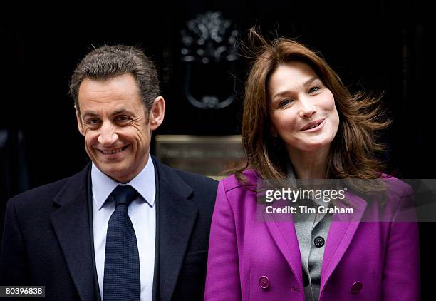 French President Nicolas Sarkozy and his wife, First Lady of France Madame Carla Bruni-Sarkozy visit the Prime Minister at Downing Street on the...