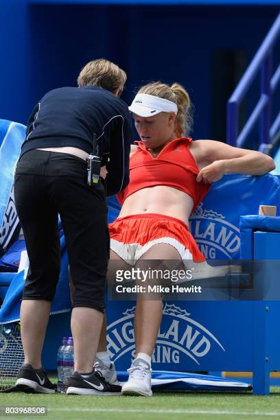 Caroline Wozniacki of Denmark has a medical timeout during her victory over Heather Watson of GBR during Day 6 of the Aegon International Eastbourne...