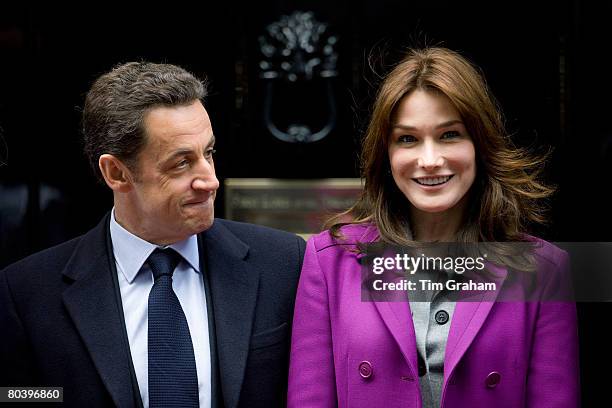 French President Nicolas Sarkozy and his wife, First Lady of France Madame Carla Bruni-Sarkozy visit the Prime Minister at Downing Street on the...