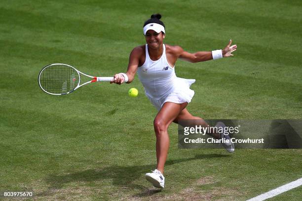Heather Watson of Great Britain in action during her women's semi final match against Caroline Wozniacki of Denmark on day 6 of the Aegon...