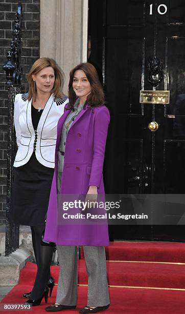 Sarah Brown stands beside Carla Bruni-Sarkozy as she leaves Number 10 Downing Street on March 27, 2008 in London, England. French President Nicolas...