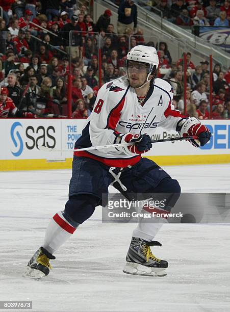 Alex Ovechkin of the Washington Capitals gets into position to receive a pass during the NHL game against the Carolina Hurricanes on March 25, 2008...