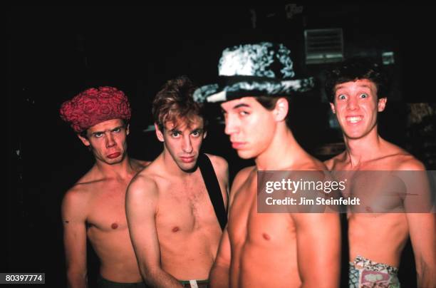 Rock band Red Hot Chili Peppers Flea, Hillel Slovak, Anthony Kiedis, Jack Irons pose for a portrait backstage at First Ave Nightclub in Minneapolis,...