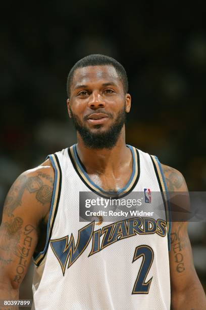 DeShawn Stevenson of the Washington Wizards looks on against the Golden State Warriors during the game on February 11, 2008 at Oracle Arena in...