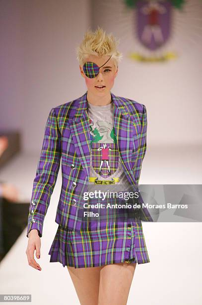 Model walks the runway wearing House of Holland Fall 2008 during London Fashion Week on February 13, 2008 in London.