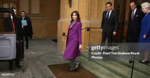 French President Nicolas Sarkozy and his wife Carla Bruni-Sarkozy say farewell to Queen Elizabeth II and Prince Philip, Duke of Edinburgh as they...