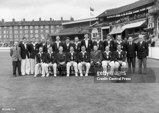 Group photograph of Surrey County Cricket Club, county champions for the 6th successive year, September 1957. Standing, left to right, Bert...