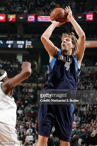 Dirk Nowitzki of the Dallas Mavericks shoots over James Posey of the Boston Celtics during the game on January 31, 2008 at TD Banknorth Garden in...