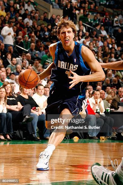 Dirk Nowitzki of the Dallas Mavericks drives to the basket during the game against the Boston Celtics on January 31, 2008 at TD Banknorth Garden in...