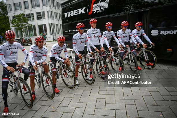 Riders of the USA's Trek - Segafredo cycling team Netherlands' Bauke Mollema, Italy's Fabio Felline, Colombia's Jarlinson Pantano, Spain's Alberto...