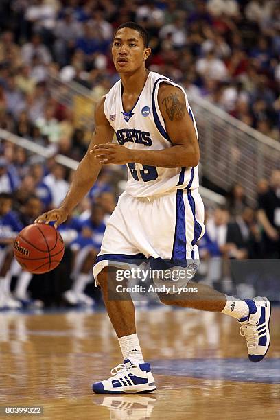 Derrick Rose of the Memphis Tigers moves the ball against the Mississippi State Bulldogs during the second round of the South Regional as part of the...
