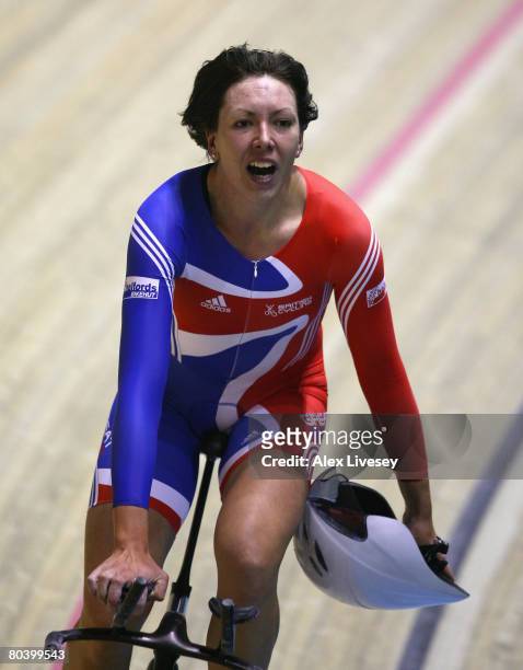 Rebecca Romero of Great Britain celebrates her victory in the Women's Individual Pursuit Gold Medal Final, during the UCI Track Cycling World...