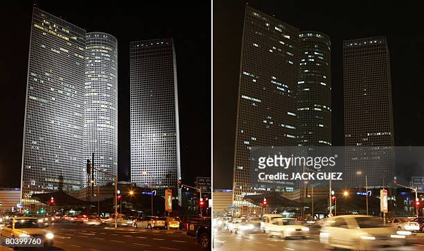 In a combo image created on March 27 Tel Aviv's Azrieli skyscraper is fully lit and then shows relatively few lights in its windows as it powers down...
