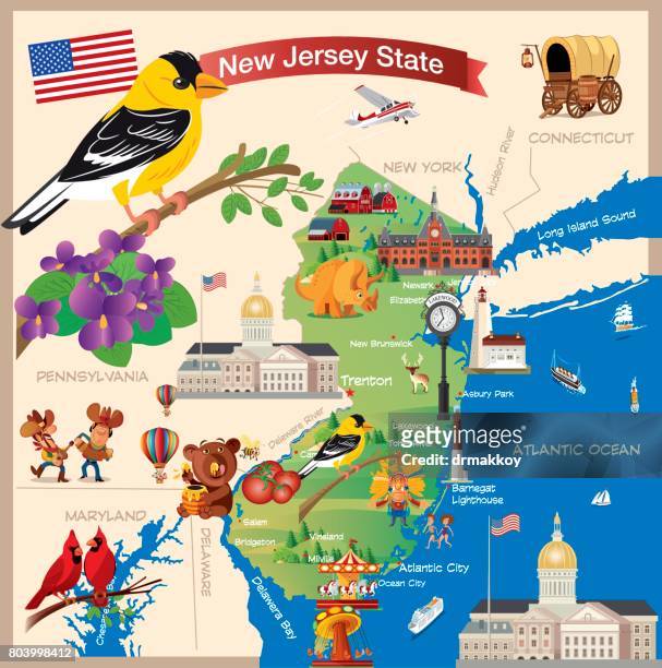cartoon map of new jersey state - new jersey stock illustrations