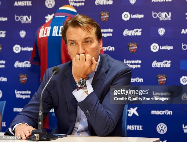 President of Levante UD Quico Catalan faces the media during the presentation of Alex Alegria at Ciutat de Valencia stadium on June 30, 2017 in...