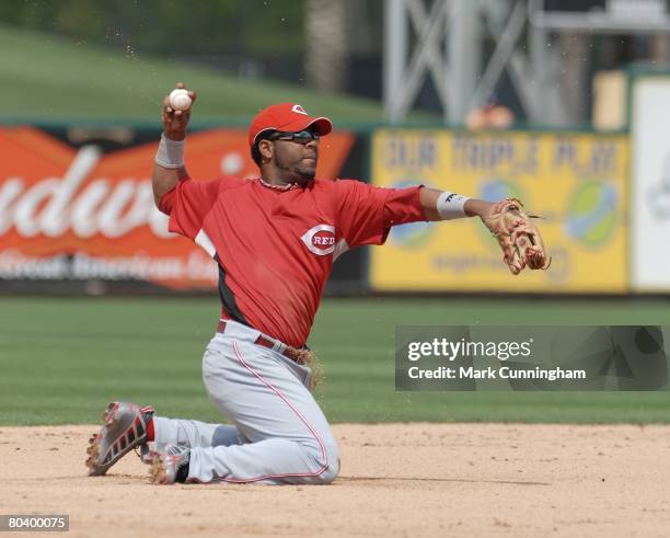 Edwin Encarnacion of the Cincinnati Reds throws during the spring training game against the Detroit Tigers at Joker Marchant Stadium in Lakeland,...