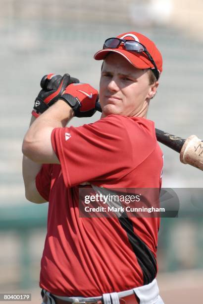 Jay Bruce of the Cincinnati Reds looks on prior to the spring training game against the Detroit Tigers at Joker Marchant Stadium in Lakeland, Florida...